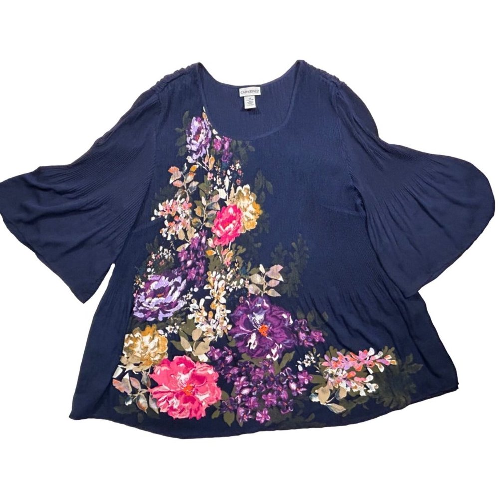 Catherines Plus Size 2X‎ Floral 3/4 Length Bell Sleeves Stretch Tunic